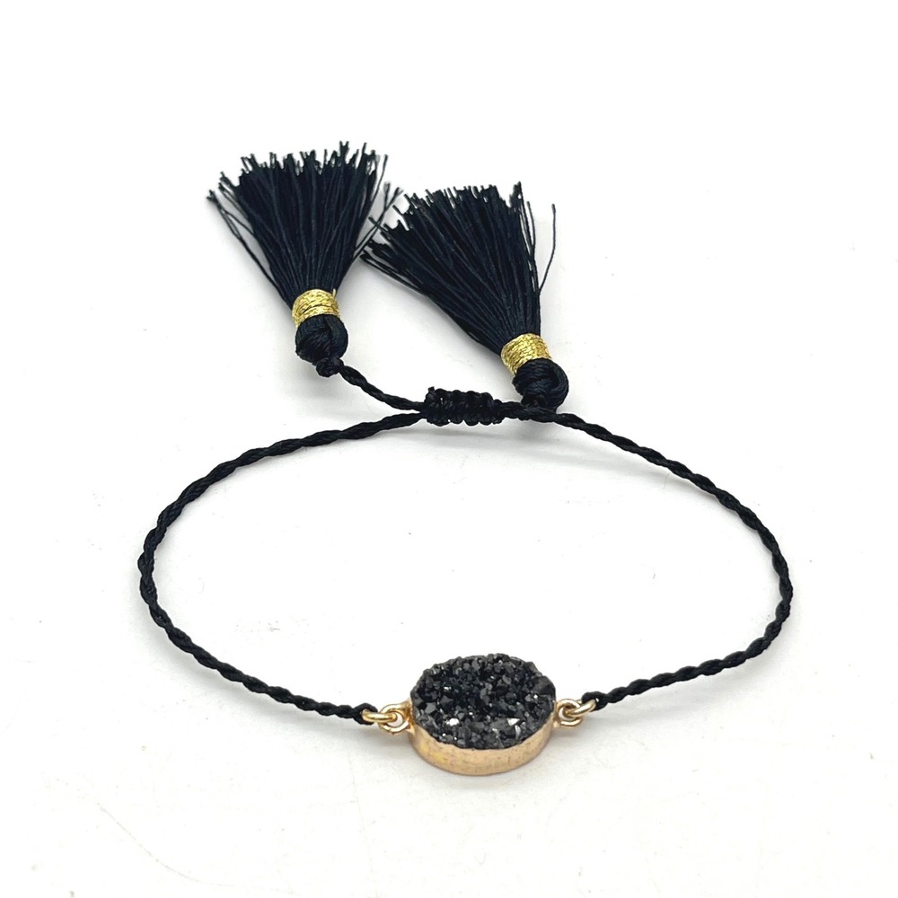 Black Druzy Quartz Tassel‎ Adjustable Cord Bracelet Gold Tone Boho Minimalist